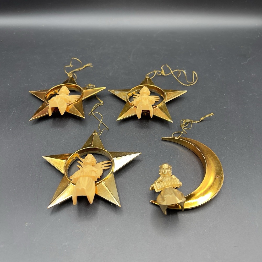 Celluloid‎ Germany Christmas Gold Star Moon Angel ornament 3" Set Of 4